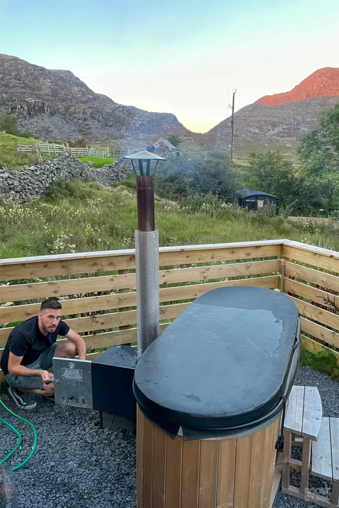 Wood fired hot tub at the Rhinog Shepherds Hut in Wales