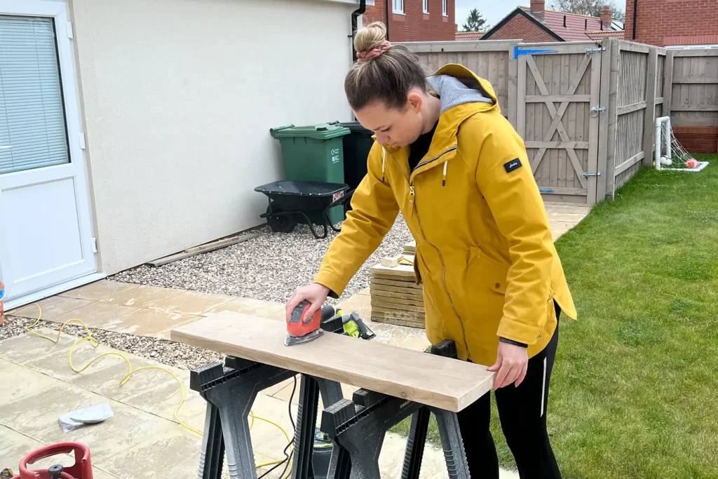 Sanding Scaffold Boards to Make a DIY Dressing Table