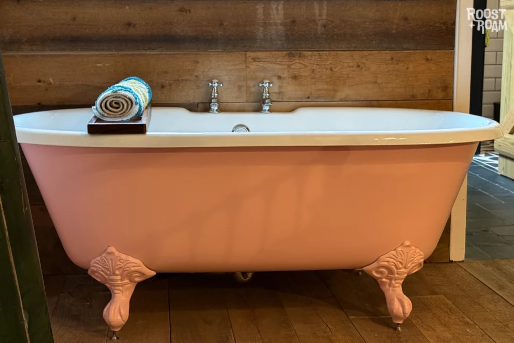 Pink bathtub Stoke Rivers Lower Birch farmhouse