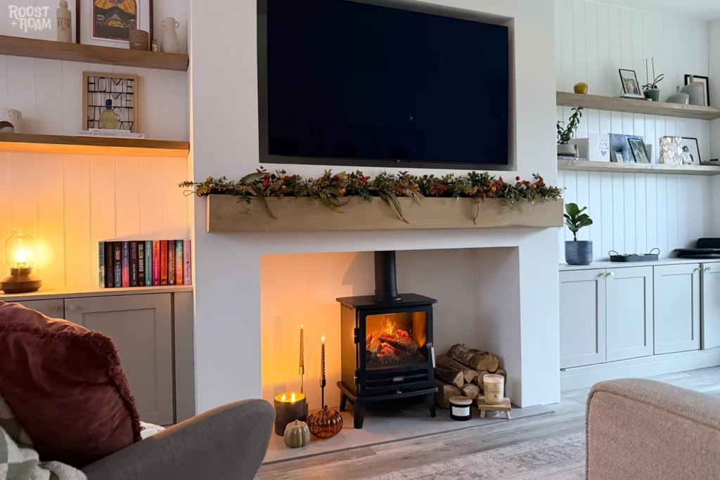 Cosy at home autumn fireplace decor