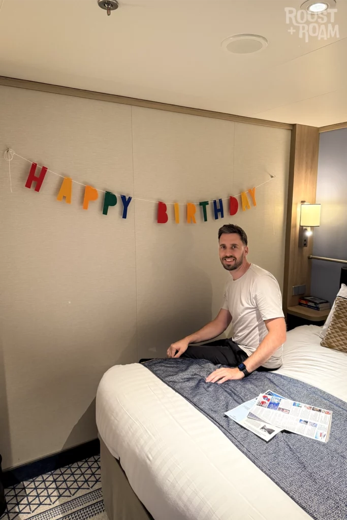 Cruise birthday banner P&O Iona cabin