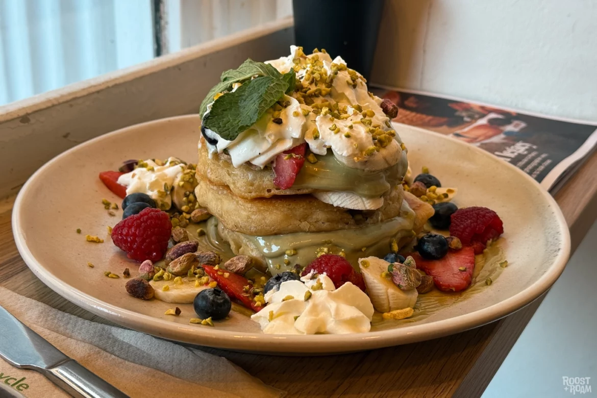 Cortado cafe Bath pistachio pancakes