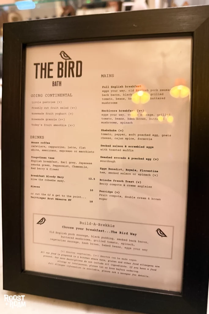 Breakfast menu The Bird Bath Hotel